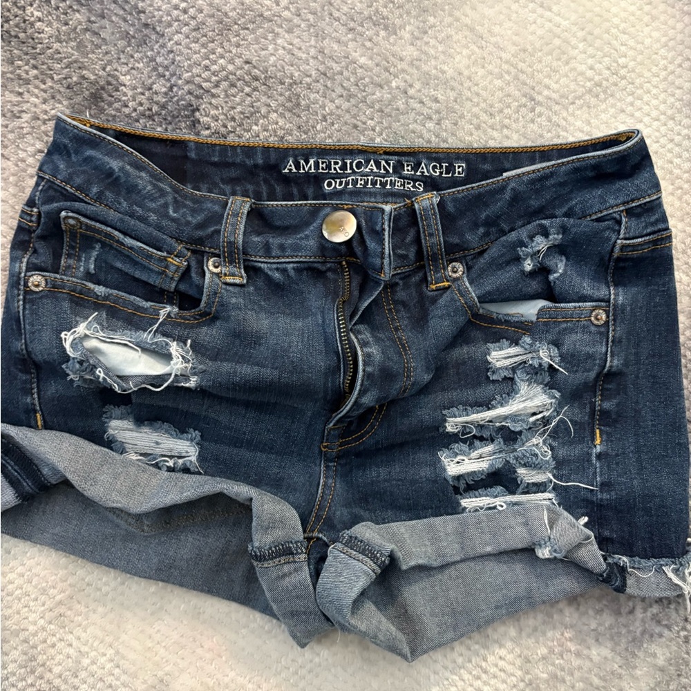 American Eagle Outfitters Ripped Jean Shorts - Dark Blue
